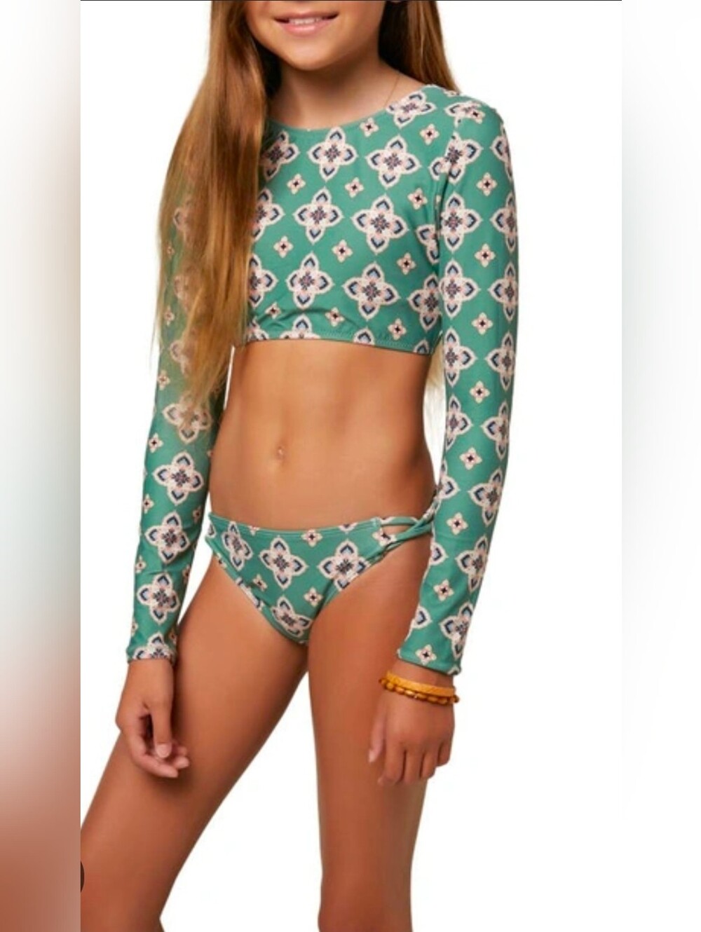 NWT O'Neill Green Floral Girls' Long Sleeve Swim Crop Set SZ 12